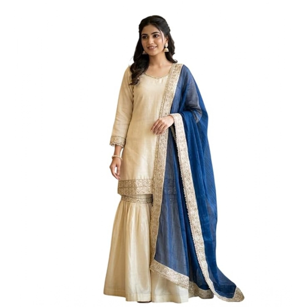 generic women's silk embroidered 3/4th sleeve v neck kurti with sharara pant and dupatta set (cream & blue) generic women's silk embroidered 3/4th sleeve v neck kurti with sharara pant and dupatta set (cream & blue)