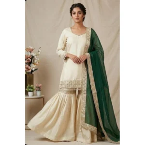 generic women's silk embroidered 3/4th sleeve v neck kurti with sharara pant and dupatta set (cream & bottle green)