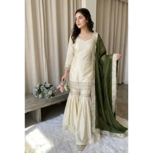 generic women's silk embroidered 3/4th sleeve v neck kurti with sharara pant and dupatta set (cream & green)