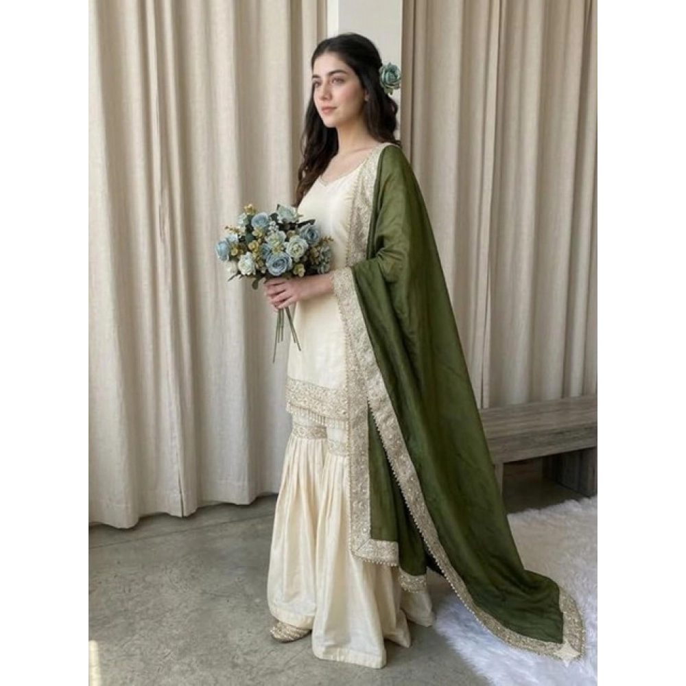 generic women's silk embroidered 3/4th sleeve v neck kurti with sharara pant and dupatta set (cream & green) generic women's silk embroidered 3/4th sleeve v neck kurti with sharara pant and dupatta set (cream & green)