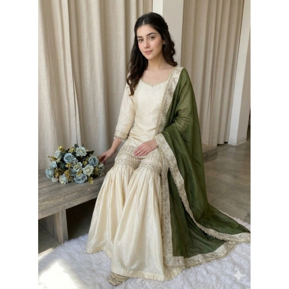 generic women's silk embroidered 3/4th sleeve v neck kurti with sharara pant and dupatta set (cream & green) generic women's silk embroidered 3/4th sleeve v neck kurti with sharara pant and dupatta set (cream & green)