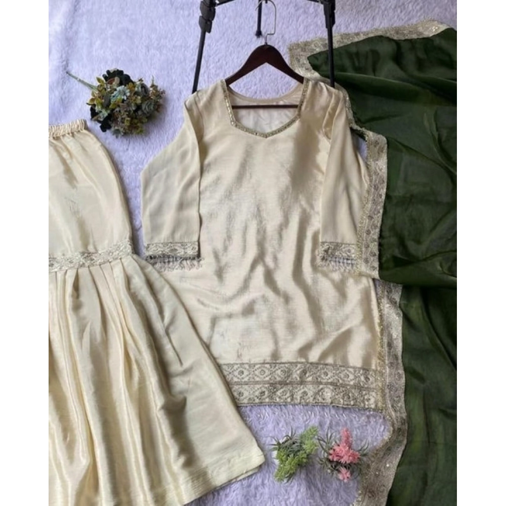 generic women's silk embroidered 3/4th sleeve v neck kurti with sharara pant and dupatta set (cream & green) generic women's silk embroidered 3/4th sleeve v neck kurti with sharara pant and dupatta set (cream & green)