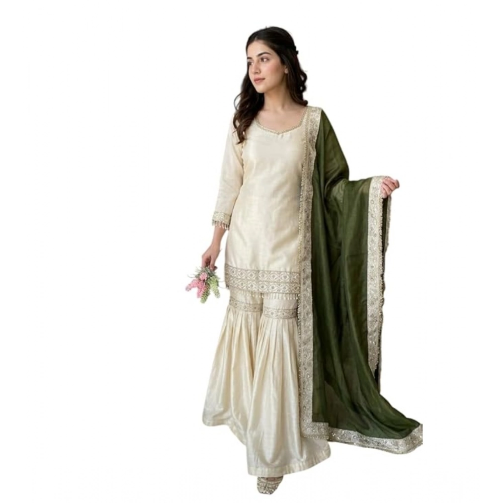 generic women's silk embroidered 3/4th sleeve v neck kurti with sharara pant and dupatta set (cream & green) generic women's silk embroidered 3/4th sleeve v neck kurti with sharara pant and dupatta set (cream & green)