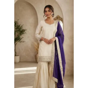 generic women's silk embroidered 3/4th sleeve v neck kurti with sharara pant and dupatta set (cream & purple)