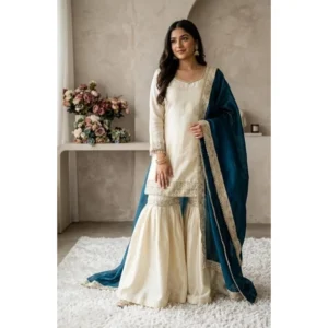 generic women's silk embroidered 3/4th sleeve v neck kurti with sharara pant and dupatta set (cream & teal)