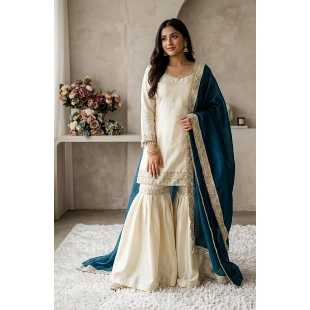 generic women's silk embroidered 3/4th sleeve v neck kurti with sharara pant and dupatta set (cream & teal) generic women's silk embroidered 3/4th sleeve v neck kurti with sharara pant and dupatta set (cream & teal)