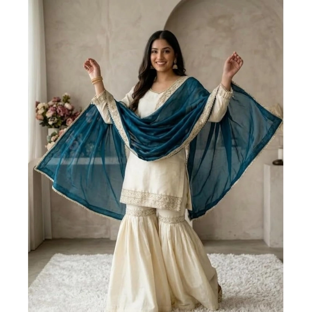 generic women's silk embroidered 3/4th sleeve v neck kurti with sharara pant and dupatta set (cream & teal) generic women's silk embroidered 3/4th sleeve v neck kurti with sharara pant and dupatta set (cream & teal)