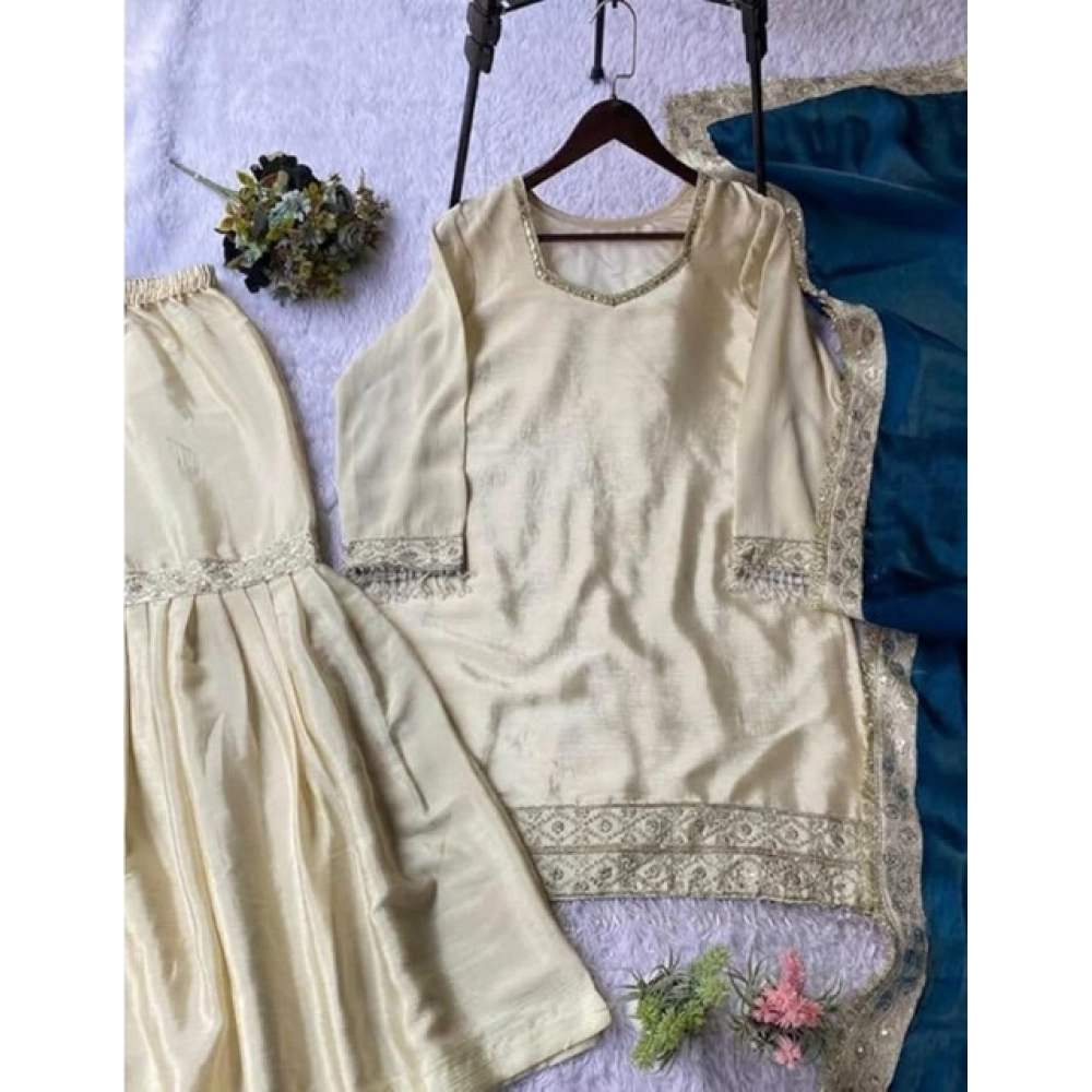 generic women's silk embroidered 3/4th sleeve v neck kurti with sharara pant and dupatta set (cream & teal) generic women's silk embroidered 3/4th sleeve v neck kurti with sharara pant and dupatta set (cream & teal)
