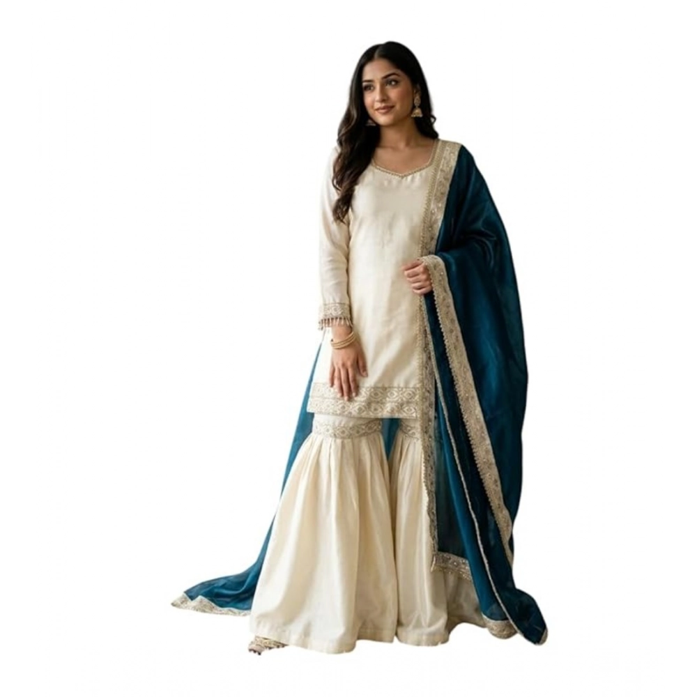 generic women's silk embroidered 3/4th sleeve v neck kurti with sharara pant and dupatta set (cream & teal) generic women's silk embroidered 3/4th sleeve v neck kurti with sharara pant and dupatta set (cream & teal)