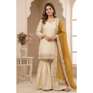 generic women's silk embroidered 3/4th sleeve v neck kurti with sharara pant and dupatta set (cream & yellow)