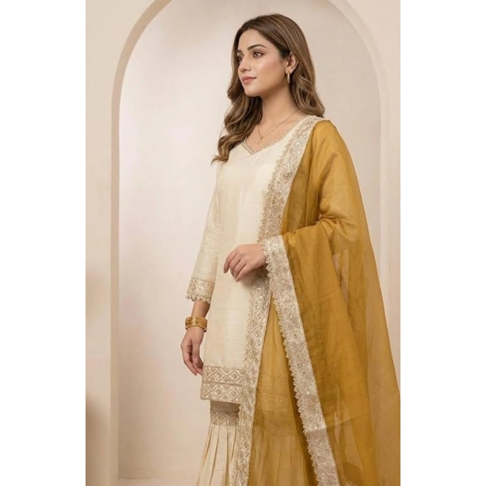generic women's silk embroidered 3/4th sleeve v neck kurti with sharara pant and dupatta set (cream & yellow) generic women's silk embroidered 3/4th sleeve v neck kurti with sharara pant and dupatta set (cream & yellow)