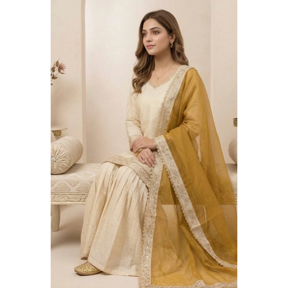 generic women's silk embroidered 3/4th sleeve v neck kurti with sharara pant and dupatta set (cream & yellow) generic women's silk embroidered 3/4th sleeve v neck kurti with sharara pant and dupatta set (cream & yellow)