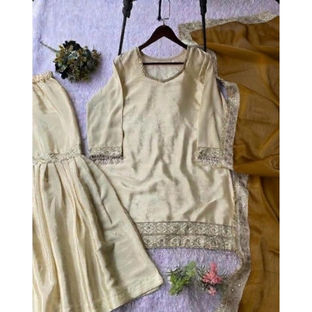 generic women's silk embroidered 3/4th sleeve v neck kurti with sharara pant and dupatta set (cream & yellow) generic women's silk embroidered 3/4th sleeve v neck kurti with sharara pant and dupatta set (cream & yellow)