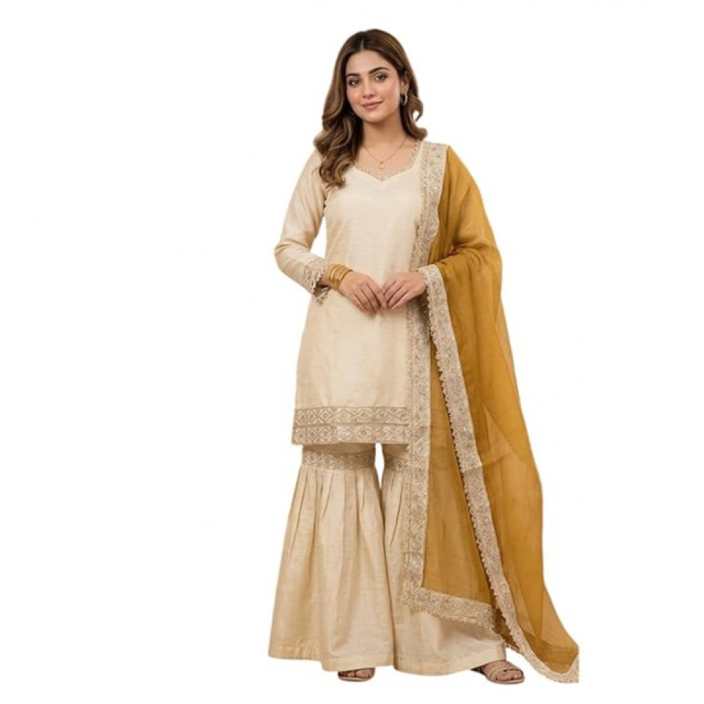 generic women's silk embroidered 3/4th sleeve v neck kurti with sharara pant and dupatta set (cream & yellow) generic women's silk embroidered 3/4th sleeve v neck kurti with sharara pant and dupatta set (cream & yellow)