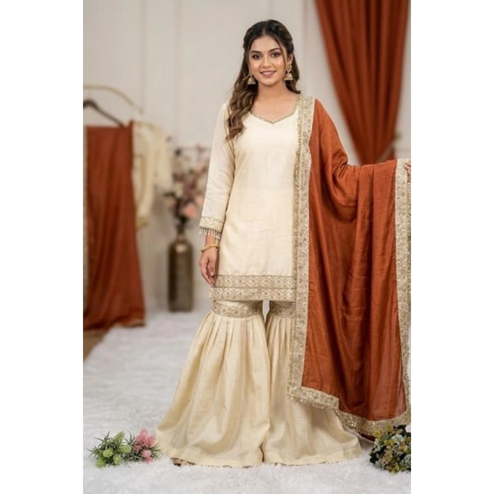 generic women's silk embroidered 3/4th sleeve v neck kurti with sharara pant and dupatta set (cream & orange) generic women's silk embroidered 3/4th sleeve v neck kurti with sharara pant and dupatta set (cream & orange)