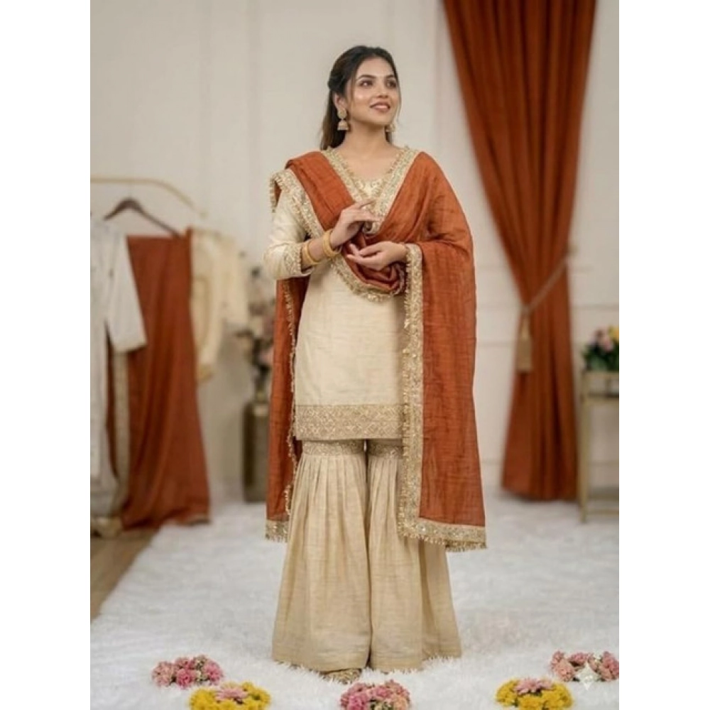 generic women's silk embroidered 3/4th sleeve v neck kurti with sharara pant and dupatta set (cream & orange) generic women's silk embroidered 3/4th sleeve v neck kurti with sharara pant and dupatta set (cream & orange)