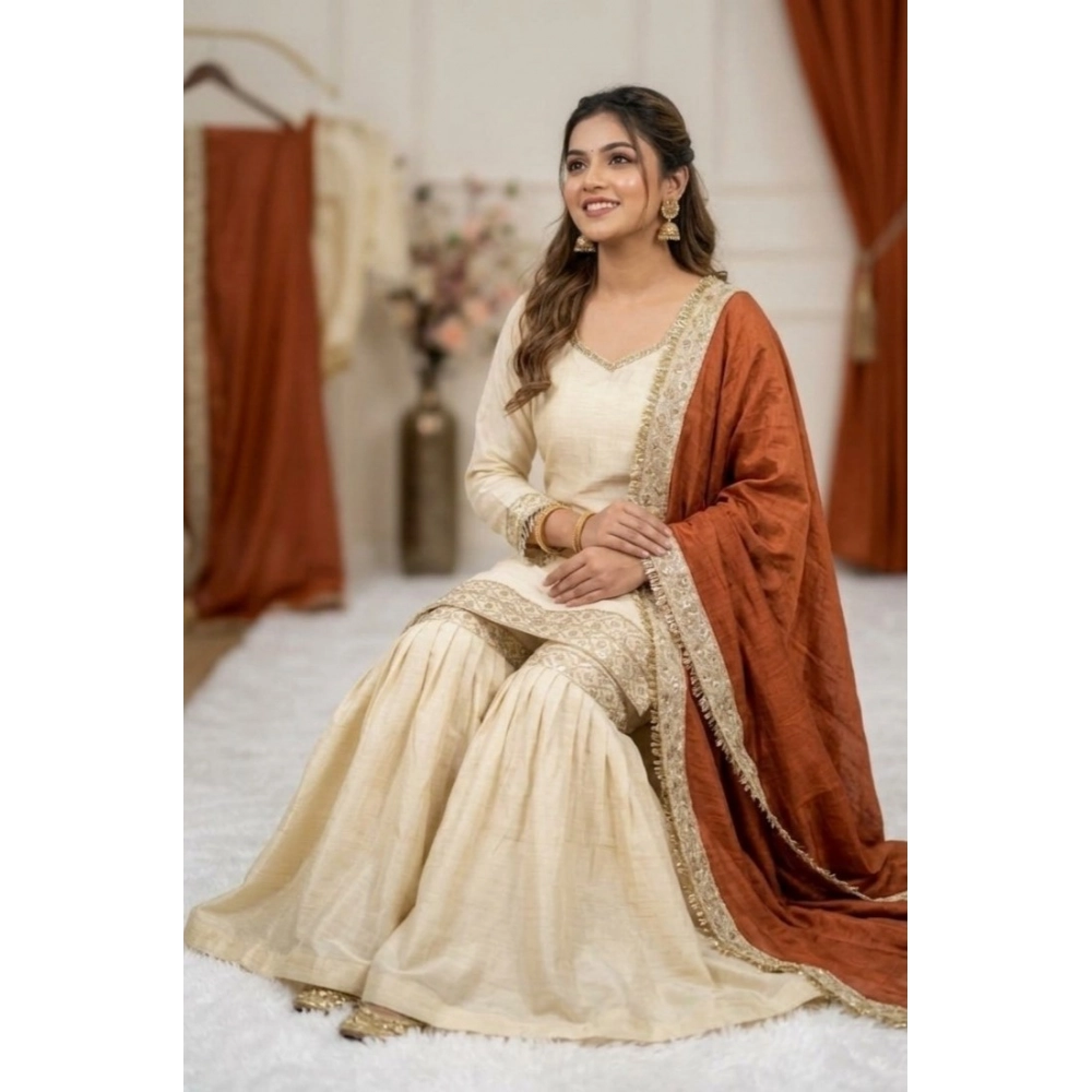 generic women's silk embroidered 3/4th sleeve v neck kurti with sharara pant and dupatta set (cream & orange) generic women's silk embroidered 3/4th sleeve v neck kurti with sharara pant and dupatta set (cream & orange)