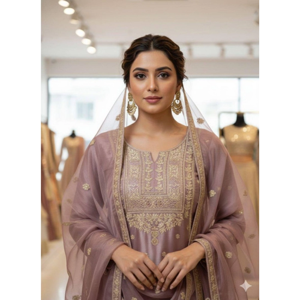 generic women's silk embroidered 3/4th sleeve round kurti with sharara pant and dupatta set (purple) generic women's silk embroidered 3/4th sleeve round kurti with sharara pant and dupatta set (purple)