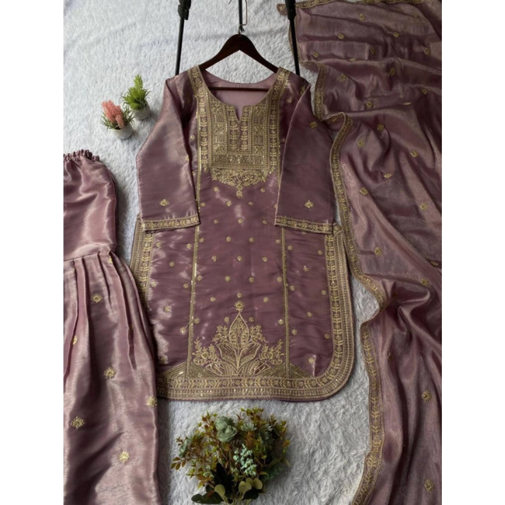 generic women's silk embroidered 3/4th sleeve round kurti with sharara pant and dupatta set (purple) generic women's silk embroidered 3/4th sleeve round kurti with sharara pant and dupatta set (purple)