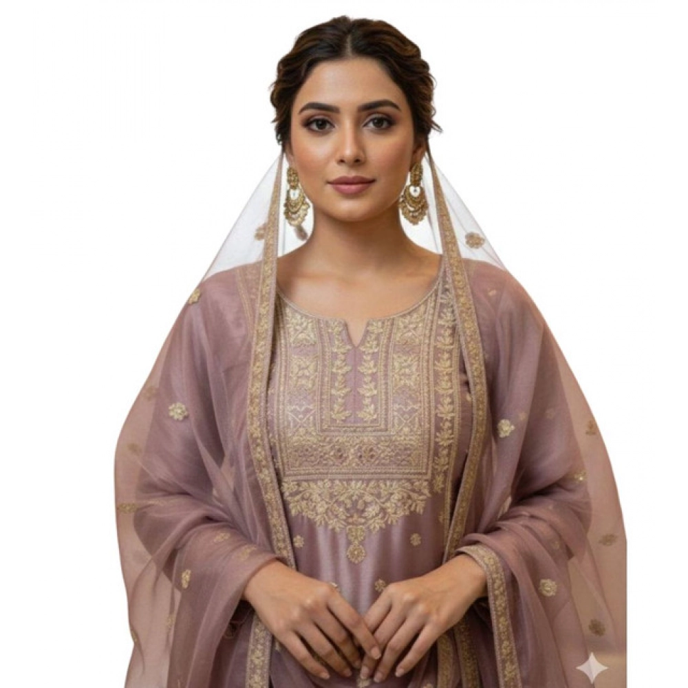 generic women's silk embroidered 3/4th sleeve round kurti with sharara pant and dupatta set (purple) generic women's silk embroidered 3/4th sleeve round kurti with sharara pant and dupatta set (purple)