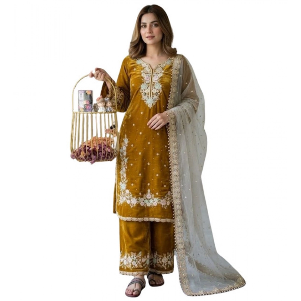generic women's silk embroidered 3/4th sleeve round kurti with palazzo pant and dupatta set (gold) generic women's silk embroidered 3/4th sleeve round kurti with palazzo pant and dupatta set (gold)