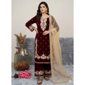 generic women's silk embroidered 3/4th sleeve round kurti with palazzo pant and dupatta set (maroon)