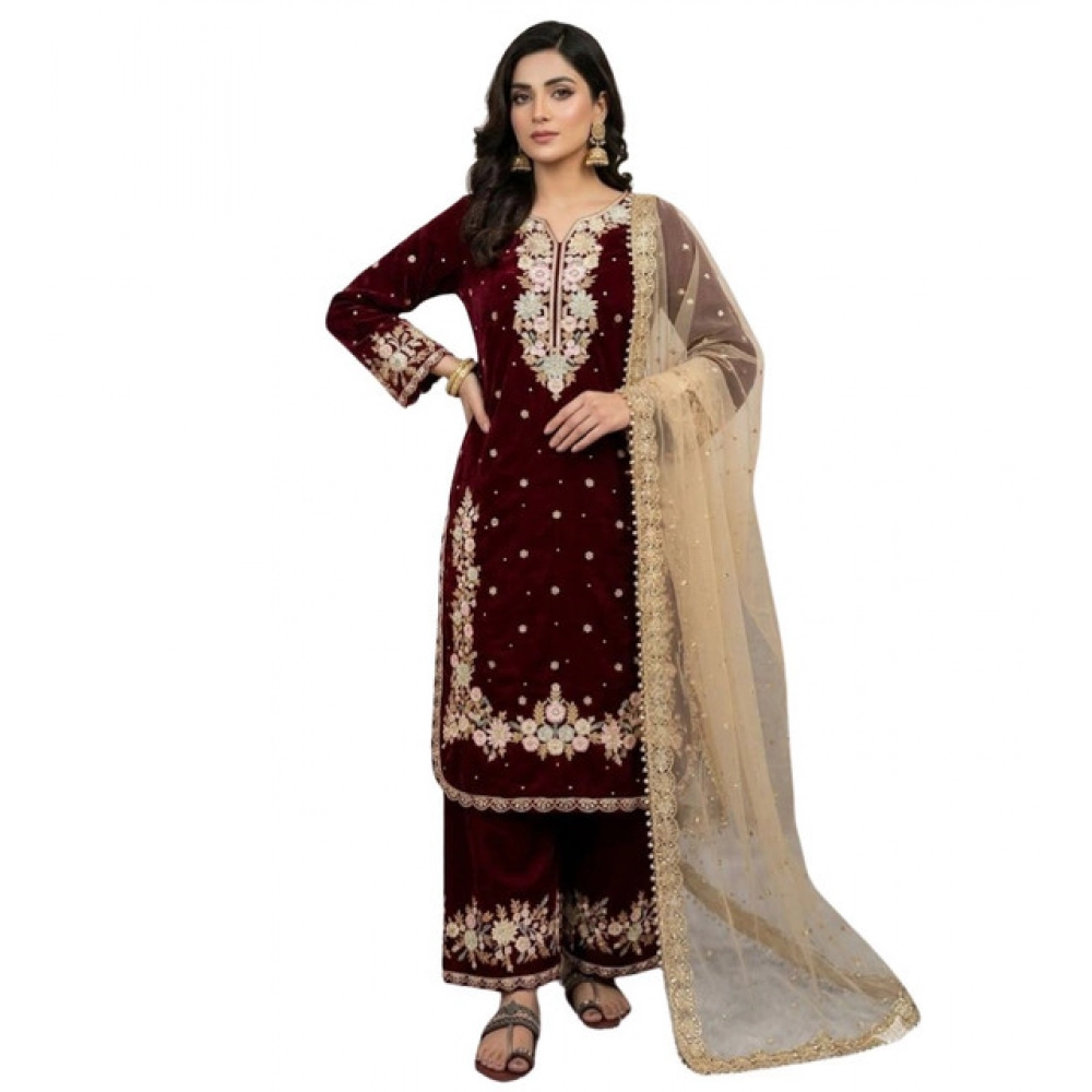 generic women's silk embroidered 3/4th sleeve round kurti with palazzo pant and dupatta set (maroon) generic women's silk embroidered 3/4th sleeve round kurti with palazzo pant and dupatta set (maroon)
