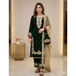 generic women's silk embroidered 3/4th sleeve round kurti with palazzo pant and dupatta set (dark green)