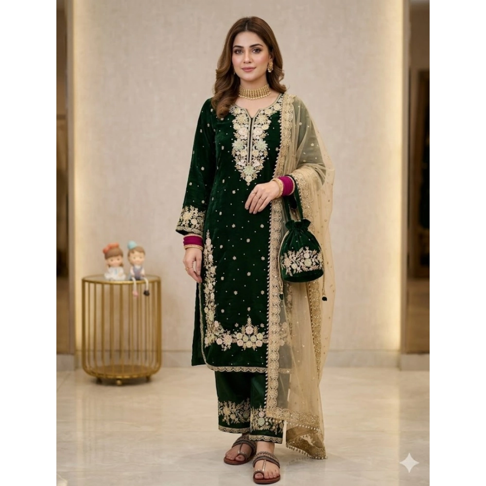 generic women's silk embroidered 3/4th sleeve round kurti with palazzo pant and dupatta set (dark green) generic women's silk embroidered 3/4th sleeve round kurti with palazzo pant and dupatta set (dark green)