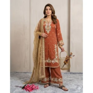 generic women's silk embroidered 3/4th sleeve round kurti with palazzo pant and dupatta set (orange)
