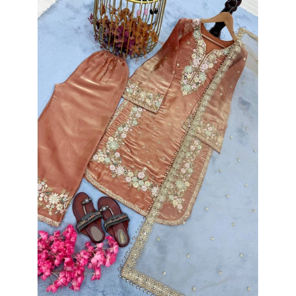 generic women's silk embroidered 3/4th sleeve round kurti with palazzo pant and dupatta set (orange) generic women's silk embroidered 3/4th sleeve round kurti with palazzo pant and dupatta set (orange)