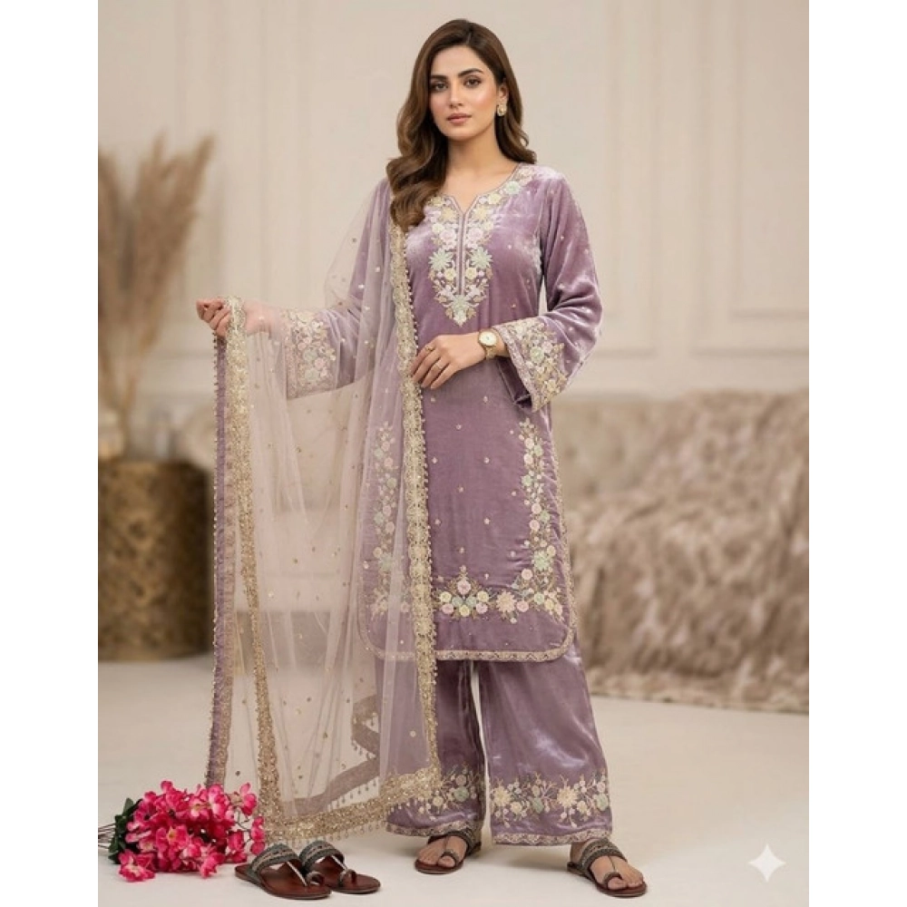 generic women's silk embroidered 3/4th sleeve round kurti with palazzo pant and dupatta set (lavender) generic women's silk embroidered 3/4th sleeve round kurti with palazzo pant and dupatta set (lavender)