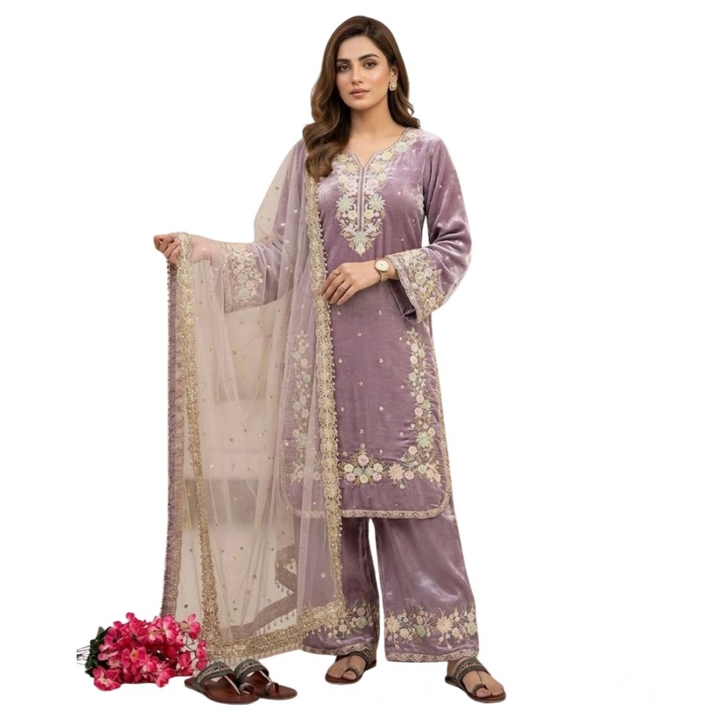 generic women's silk embroidered 3/4th sleeve round kurti with palazzo pant and dupatta set (lavender) generic women's silk embroidered 3/4th sleeve round kurti with palazzo pant and dupatta set (lavender)