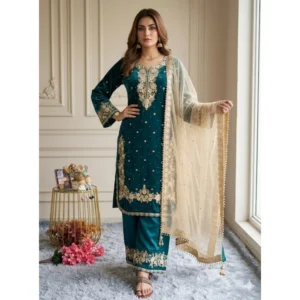 generic women's silk embroidered 3/4th sleeve round kurti with palazzo pant and dupatta set (teal)