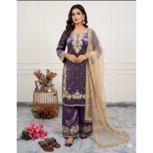 generic women's silk embroidered 3/4th sleeve round kurti with palazzo pant and dupatta set (purple)