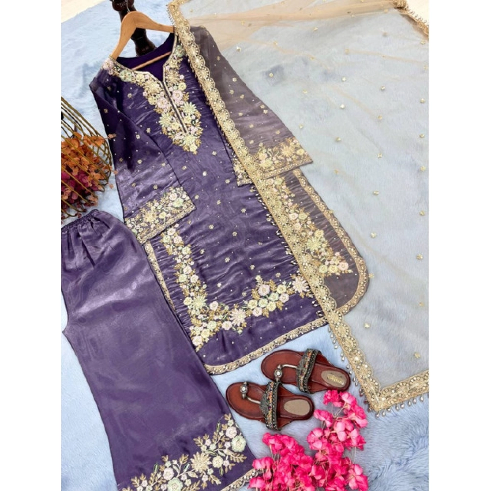 generic women's silk embroidered 3/4th sleeve round kurti with palazzo pant and dupatta set (purple) generic women's silk embroidered 3/4th sleeve round kurti with palazzo pant and dupatta set (purple)