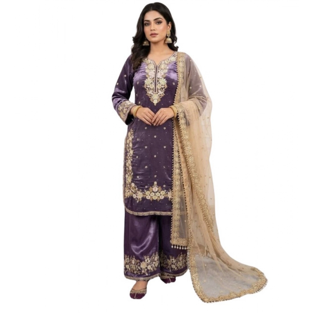 generic women's silk embroidered 3/4th sleeve round kurti with palazzo pant and dupatta set (purple) generic women's silk embroidered 3/4th sleeve round kurti with palazzo pant and dupatta set (purple)