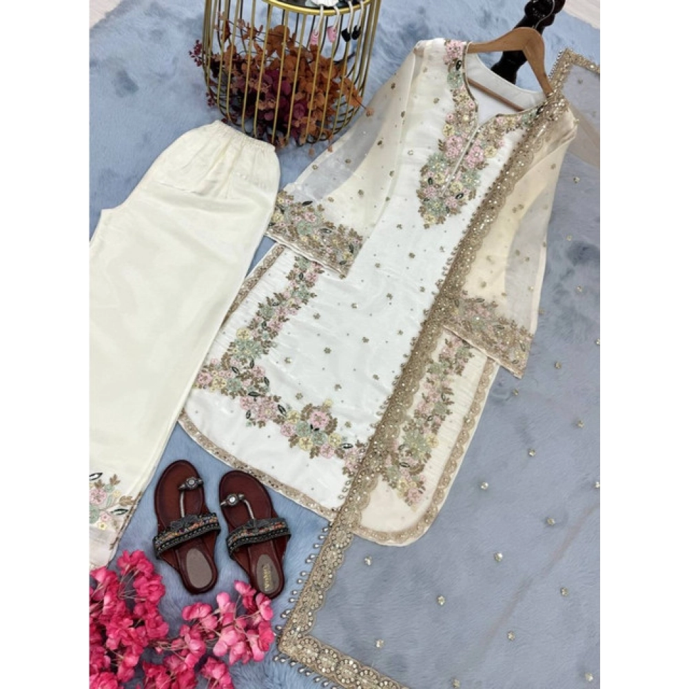 generic women's silk embroidered 3/4th sleeve round kurti with palazzo pant and dupatta set (white) generic women's silk embroidered 3/4th sleeve round kurti with palazzo pant and dupatta set (white)