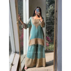 generic women's silk embroidered 3/4th sleeve round kurti with sharara pant and dupatta set (sea green)
