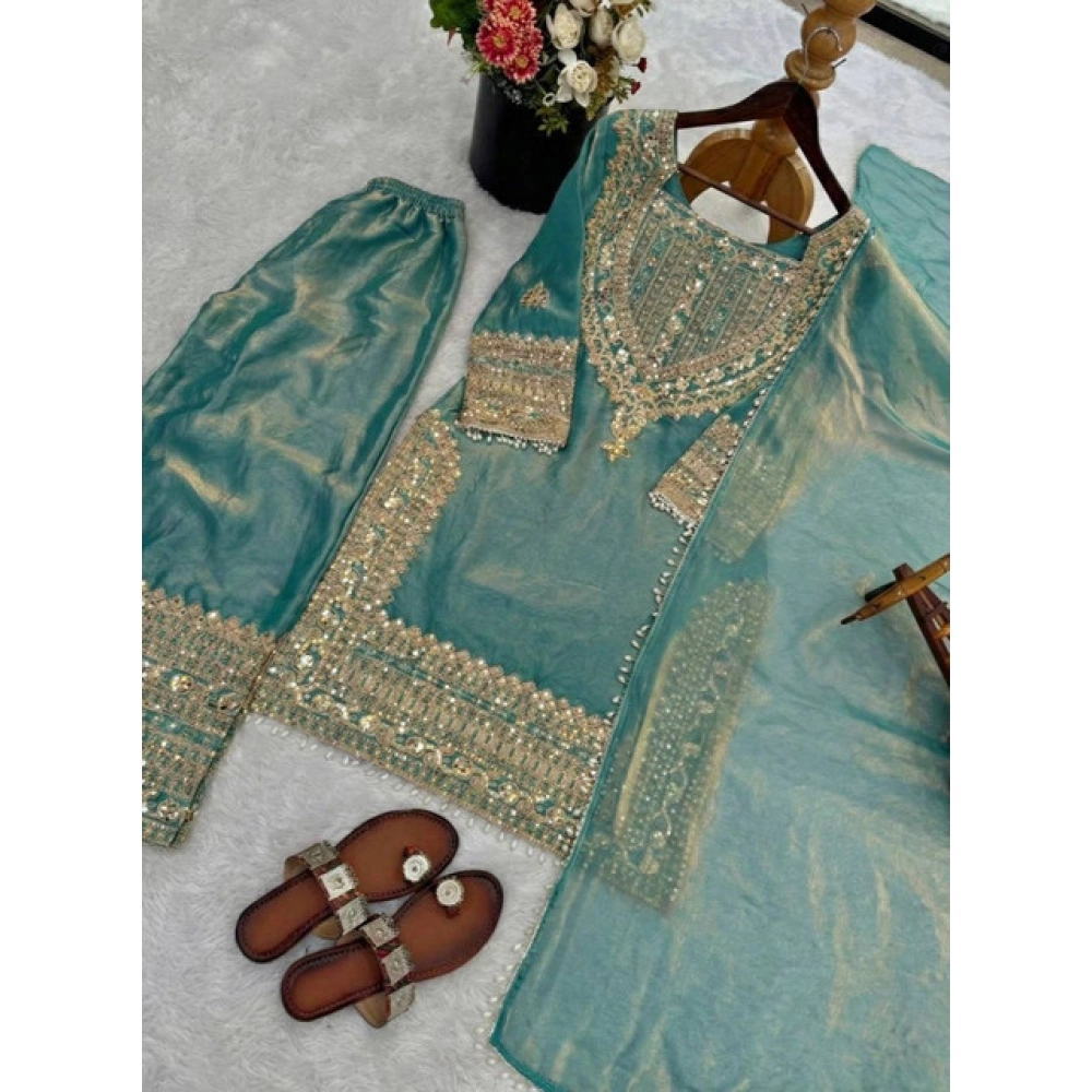 generic women's silk embroidered 3/4th sleeve round kurti with sharara pant and dupatta set (sea green) generic women's silk embroidered 3/4th sleeve round kurti with sharara pant and dupatta set (sea green)