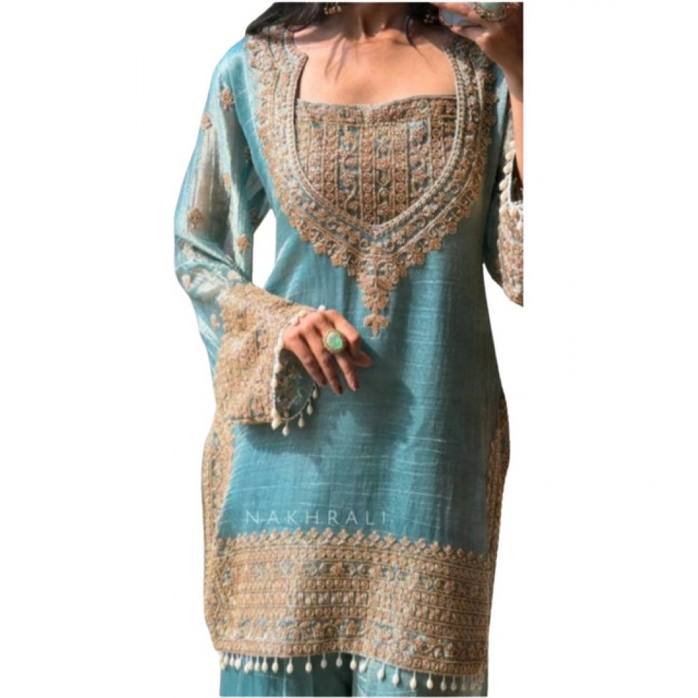 generic women's silk embroidered 3/4th sleeve round kurti with sharara pant and dupatta set (sea green) generic women's silk embroidered 3/4th sleeve round kurti with sharara pant and dupatta set (sea green)