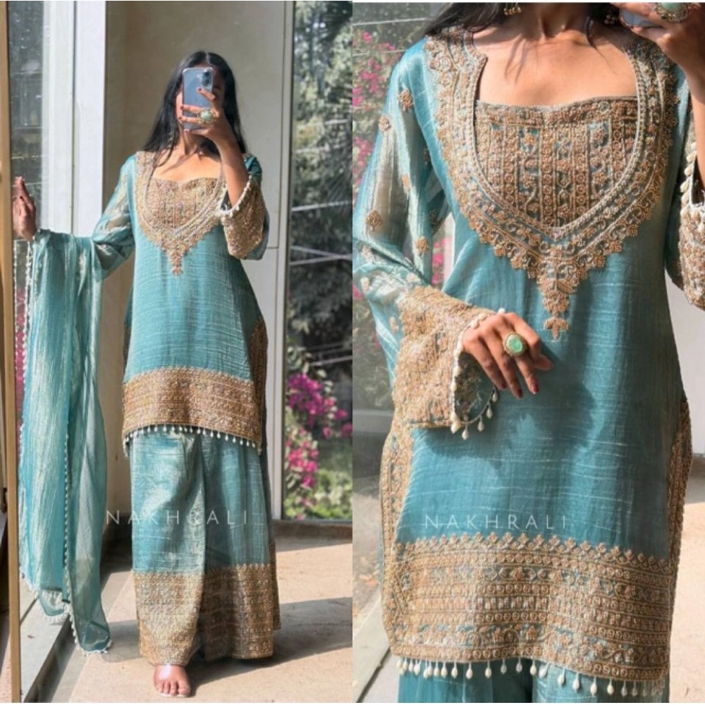 generic women's silk embroidered 3/4th sleeve round kurti with sharara pant and dupatta set (sea green) generic women's silk embroidered 3/4th sleeve round kurti with sharara pant and dupatta set (sea green)
