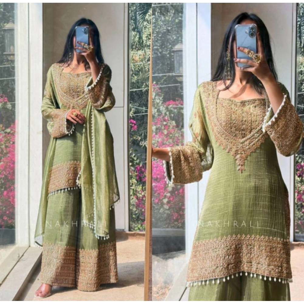 generic women's silk embroidered 3/4th sleeve round kurti with sharara pant and dupatta set (green) generic women's silk embroidered 3/4th sleeve round kurti with sharara pant and dupatta set (green)