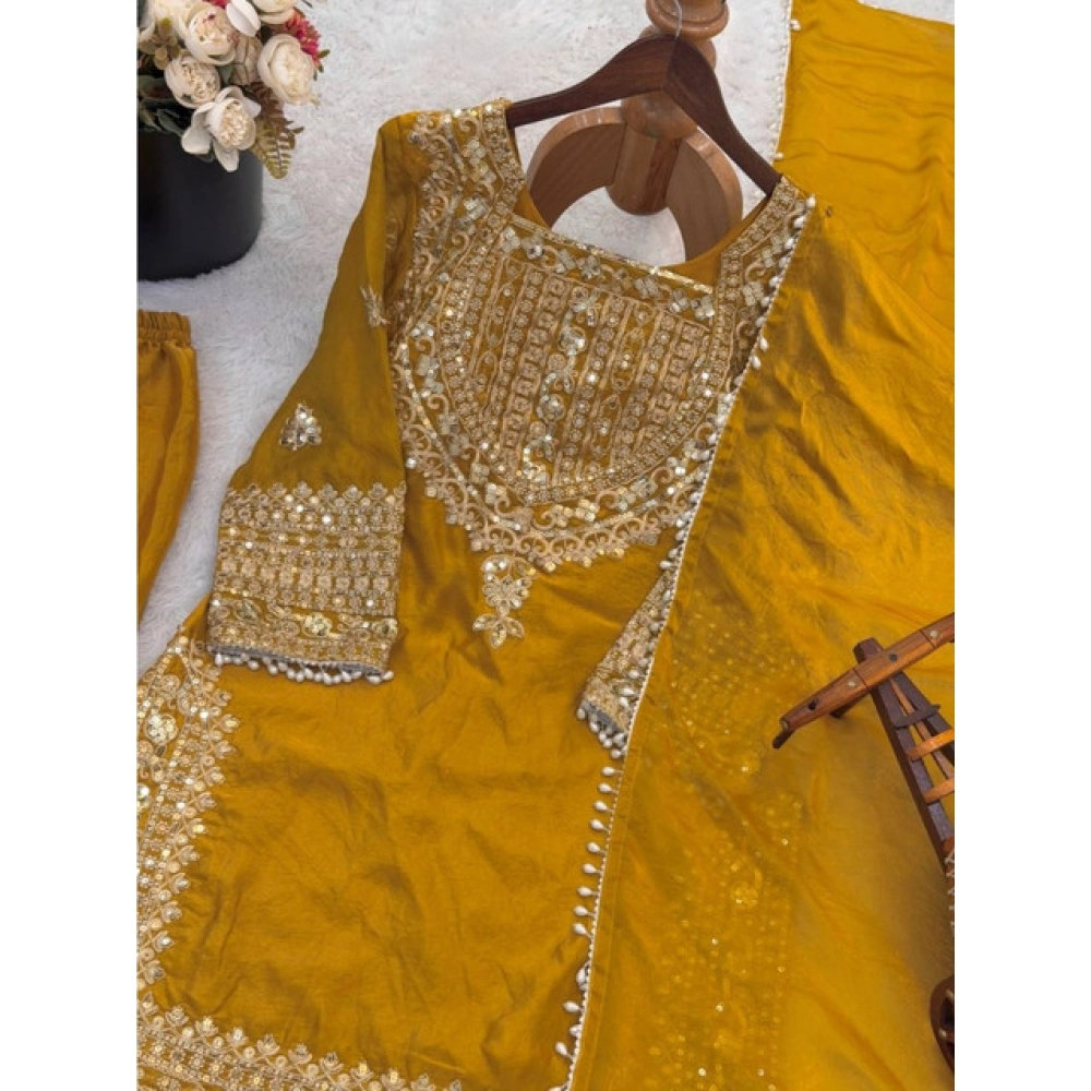 generic women's silk embroidered 3/4th sleeve round kurti with sharara pant and dupatta set (yellow) generic women's silk embroidered 3/4th sleeve round kurti with sharara pant and dupatta set (yellow)