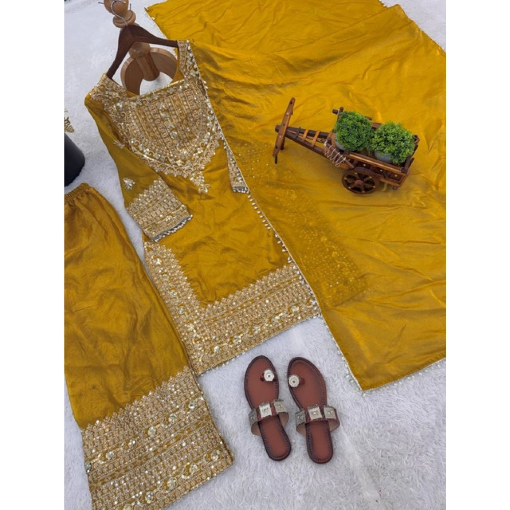 generic women's silk embroidered 3/4th sleeve round kurti with sharara pant and dupatta set (yellow) generic women's silk embroidered 3/4th sleeve round kurti with sharara pant and dupatta set (yellow)