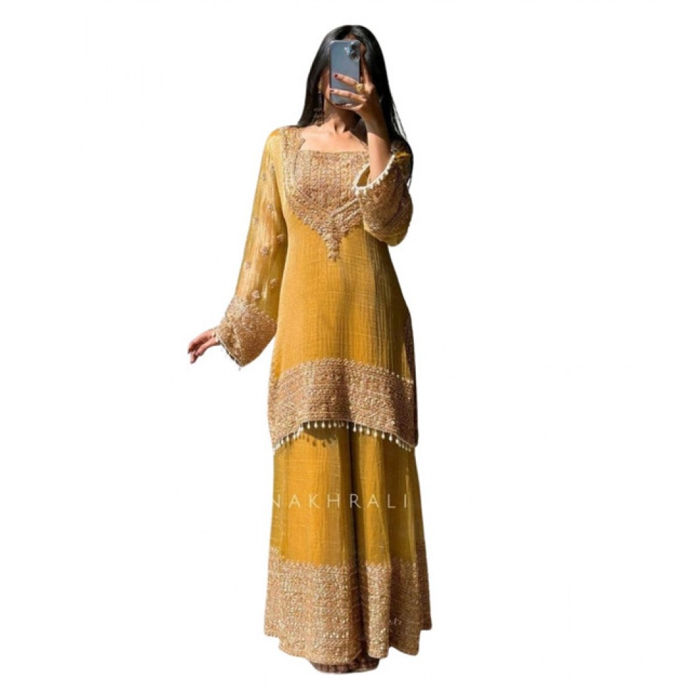 generic women's silk embroidered 3/4th sleeve round kurti with sharara pant and dupatta set (yellow) generic women's silk embroidered 3/4th sleeve round kurti with sharara pant and dupatta set (yellow)