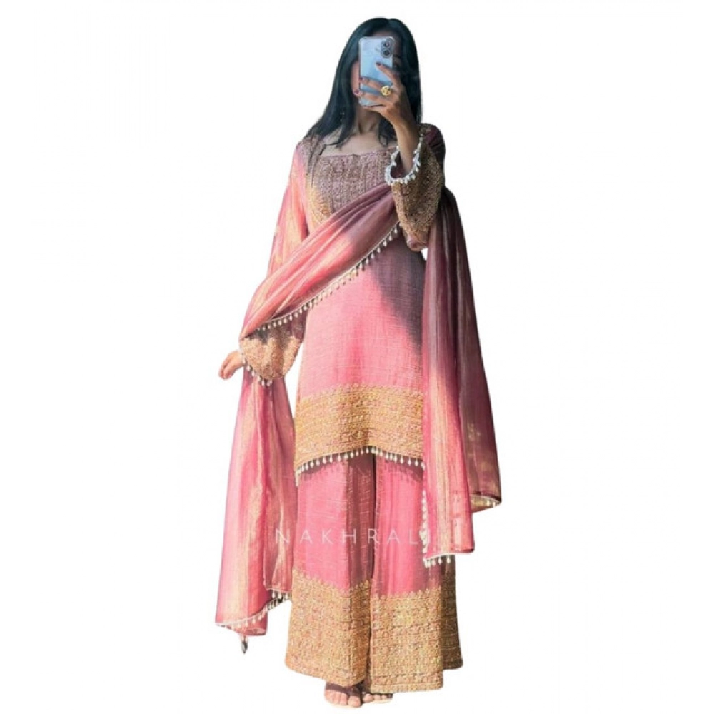 generic women's silk embroidered 3/4th sleeve round kurti with sharara pant and dupatta set (pink) generic women's silk embroidered 3/4th sleeve round kurti with sharara pant and dupatta set (pink)