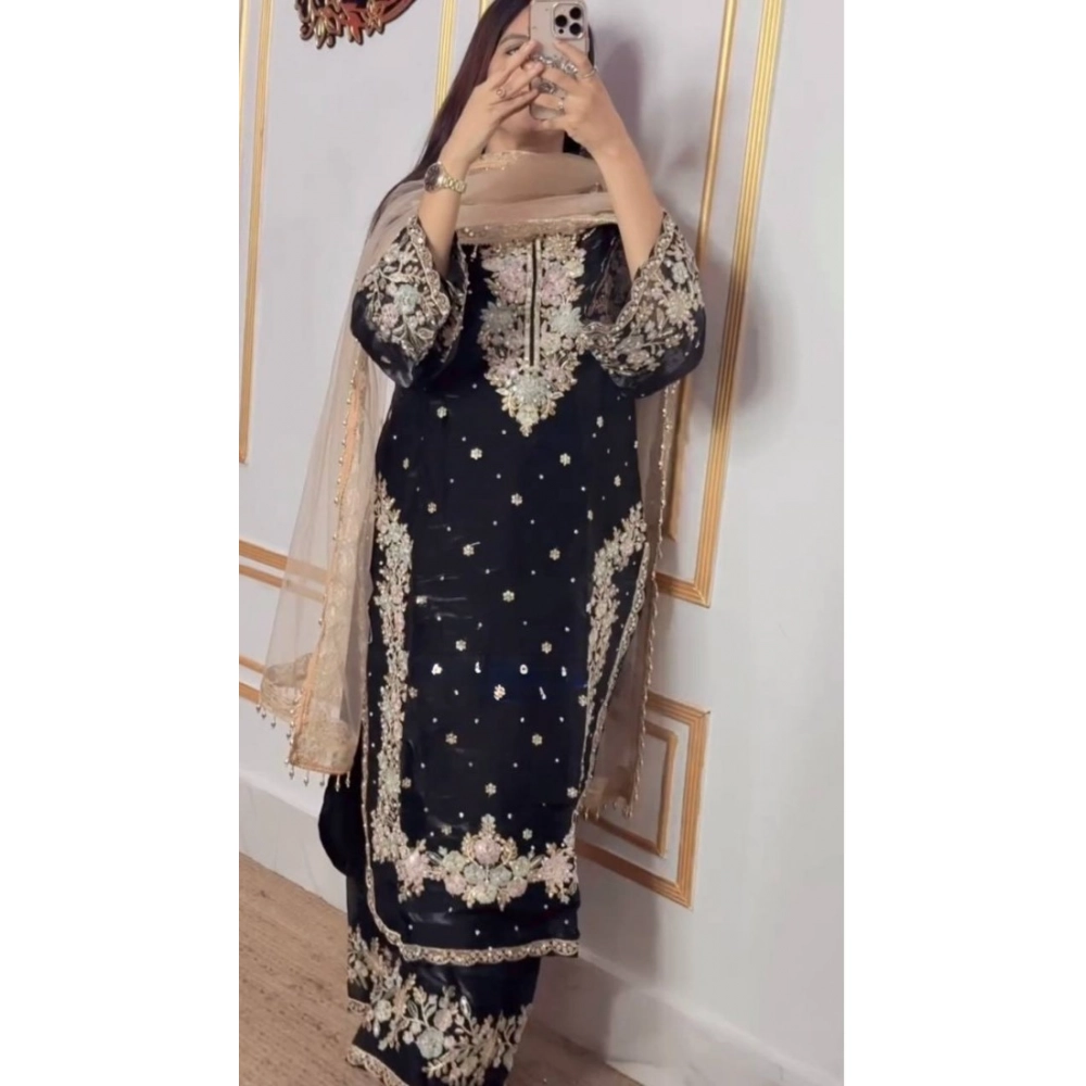 generic women's silk embroidered 3/4th sleeve round readymade kurti with palazzo pant and dupatta set (black) generic women's silk embroidered 3/4th sleeve round readymade kurti with palazzo pant and dupatta set (black)