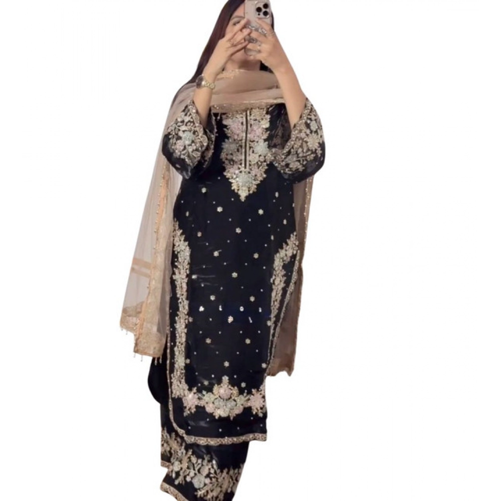 generic women's silk embroidered 3/4th sleeve round readymade kurti with palazzo pant and dupatta set (black) generic women's silk embroidered 3/4th sleeve round readymade kurti with palazzo pant and dupatta set (black)