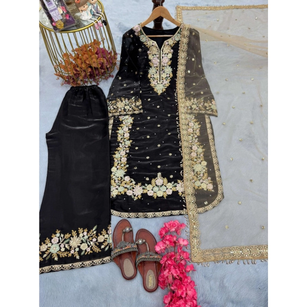 generic women's silk embroidered 3/4th sleeve round readymade kurti with palazzo pant and dupatta set (black) generic women's silk embroidered 3/4th sleeve round readymade kurti with palazzo pant and dupatta set (black)